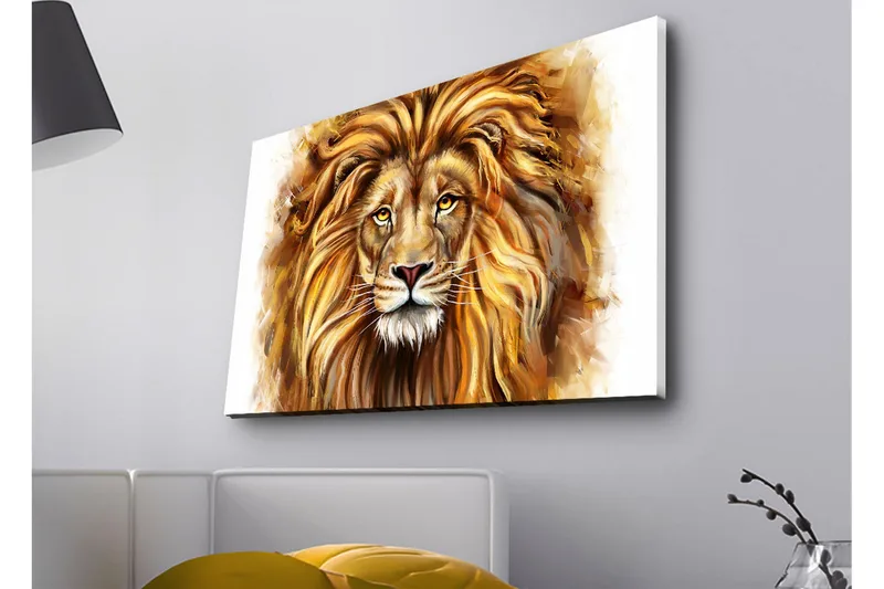 Canvastavla med LED-belysning - Majestätisk lejonhuvud med detaljerad man och uttrycksfulla ögon - Guld / Brun / Beige - Inredning & dekor - Tavlor & konst - Canvastavla
