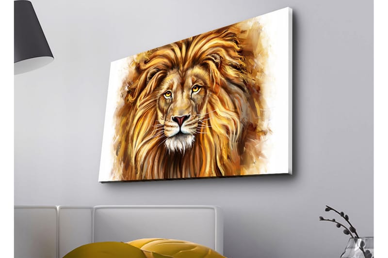 Canvastavla med LED-belysning - Majestätisk lejonhuvud med detaljerad man och uttrycksfulla ögon - Guld / Brun / Beige - Inredning & dekor - Tavlor & konst - Canvastavla