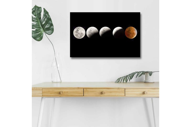 Canvastavla med LED-belysning - Månfaser i olika skepnader mot en svart bakgrund, Grå / Svart / Röd