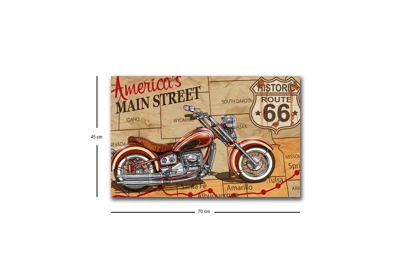 Canvastavla med LED-belysning - Motorcykel på en karta över Route 66 - Röd / Beige / Svart - Inredning & dekor - Tavlor & konst - Canvastavla