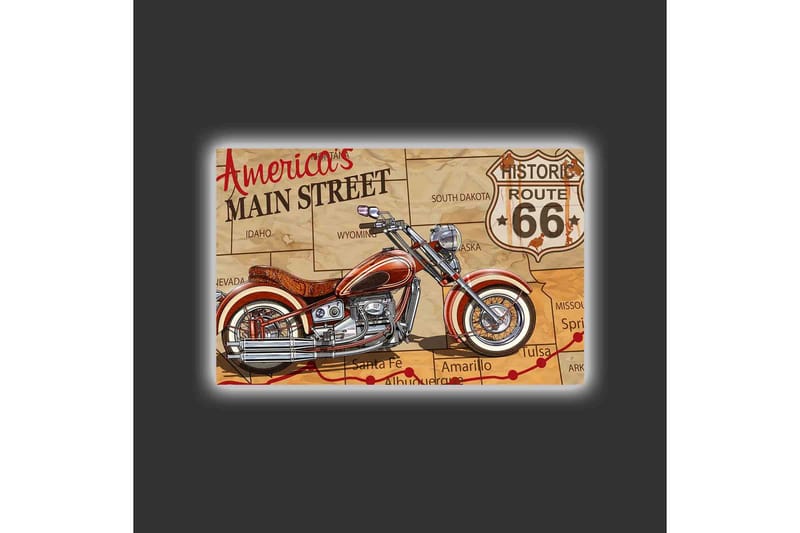 Canvastavla med LED-belysning - Motorcykel på en karta över Route 66 - Röd / Beige / Svart - Inredning & dekor - Tavlor & konst - Canvastavla