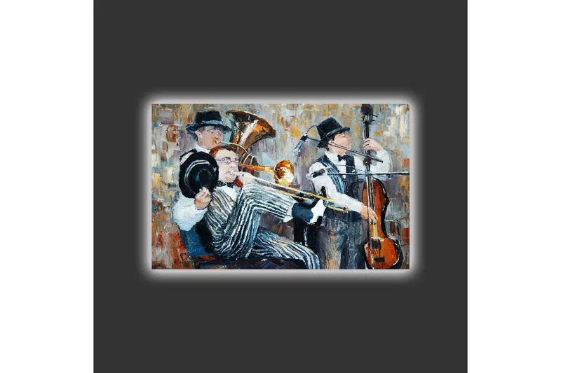 Canvastavla med LED-belysning - Musikaliskt framträdande med tre spelande musiker - Mörkblå / Orange / Vit - Inredning & dekor - Tavlor & konst - Canvastavla