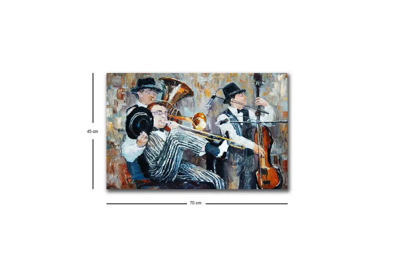 Canvastavla med LED-belysning - Musikaliskt framträdande med tre spelande musiker - Mörkblå / Orange / Vit - Inredning & dekor - Tavlor & konst - Canvastavla