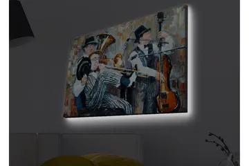 Canvastavla med LED-belysning - Musikaliskt framträdande med tre spelande musiker - Mörkblå / Orange / Vit - Inredning & dekor - Tavlor & konst - Canvastavla