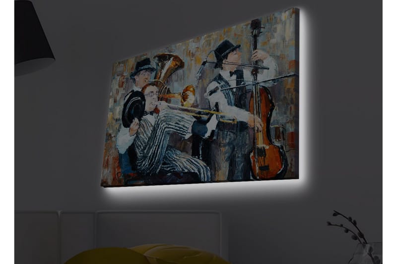 Canvastavla med LED-belysning - Musikaliskt framträdande med tre spelande musiker - Mörkblå / Orange / Vit - Inredning & dekor - Tavlor & konst - Canvastavla