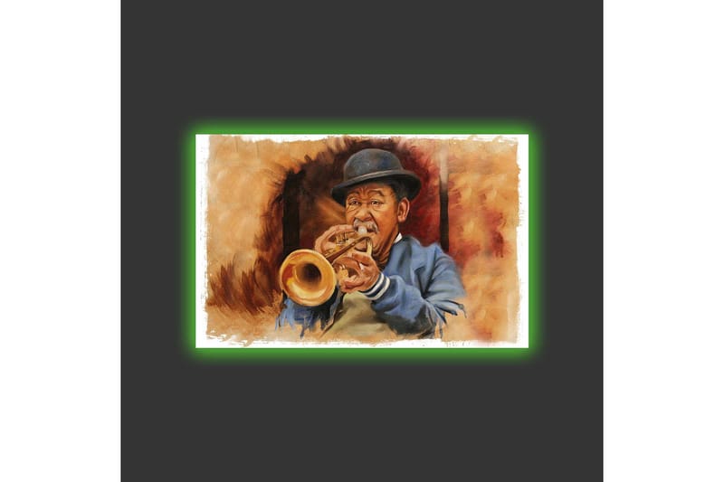 Canvastavla med LED-belysning - Musiker som spelar trumpet med uttrycksfulla drag - Brun / Blå / Beige - Inredning & dekor - Tavlor & konst - Canvastavla