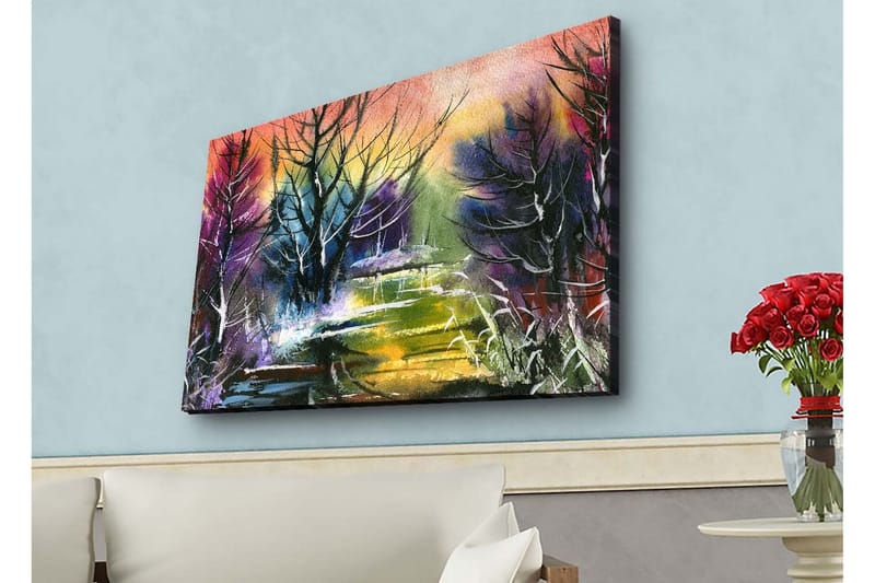 Canvastavla med LED-belysning - Mystisk landskap med silhuetter av träd i skymning - Lila / Grön / Svart - Inredning & dekor - Tavlor & konst - Canvastavla