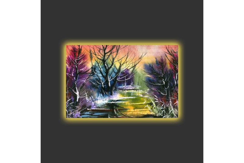 Canvastavla med LED-belysning - Mystisk landskap med silhuetter av träd i skymning - Lila / Grön / Svart - Inredning & dekor - Tavlor & konst - Canvastavla