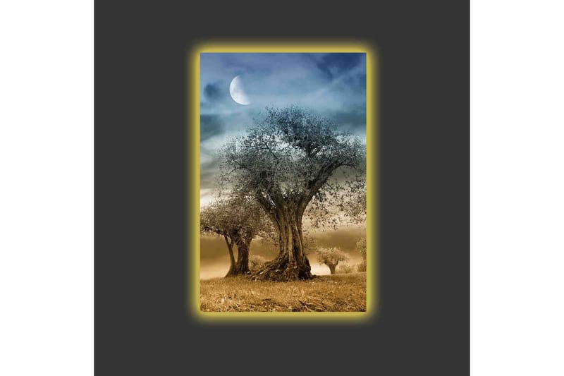 Canvastavla med LED-belysning - Mystisk landskap med silhuetter av träd under en måne - Grå / Brun / Svart - Inredning & dekor - Tavlor & konst - Canvastavla