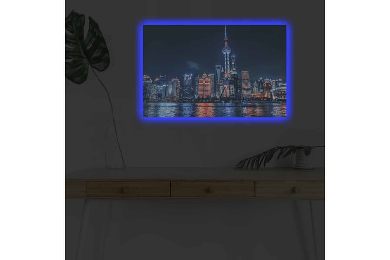Canvastavla med LED-belysning - Nattlig stadsbild av Shanghai med ljusa skyskrapor och reflektioner i vattnet - Mörkblå / Orange / Vit - Inredning & dekor - Tavlor & konst - Canvastavla