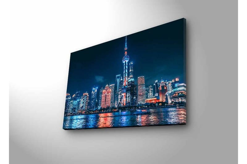 Canvastavla med LED-belysning - Nattlig stadsbild av Shanghai med ljusa skyskrapor och reflektioner i vattnet - Mörkblå / Orange / Vit - Inredning & dekor - Tavlor & konst - Canvastavla