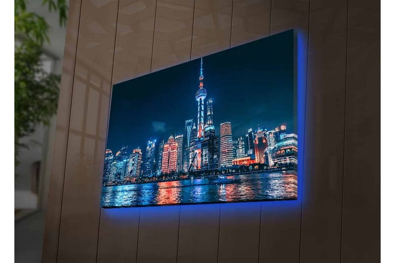 Canvastavla med LED-belysning - Nattlig stadsbild av Shanghai med ljusa skyskrapor och reflektioner i vattnet - Mörkblå / Orange / Vit - Inredning & dekor - Tavlor & konst - Canvastavla