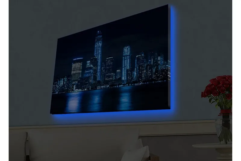 Canvastavla med LED-belysning - Nattlig stadsbild med upplysta skyskrapor, Mörkblå / Svart / Ljusblå