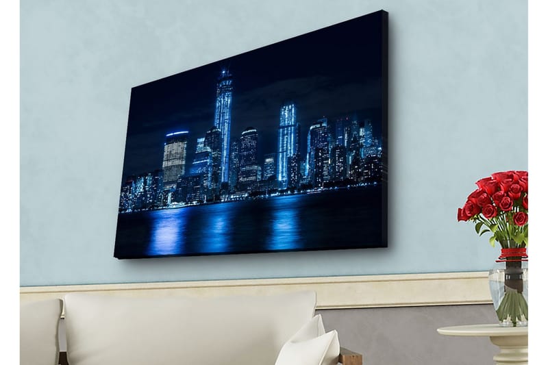 Canvastavla med LED-belysning - Nattlig stadsbild med upplysta skyskrapor - Mörkblå / Svart / Ljusblå - Inredning & dekor - Tavlor & konst - Canvastavla