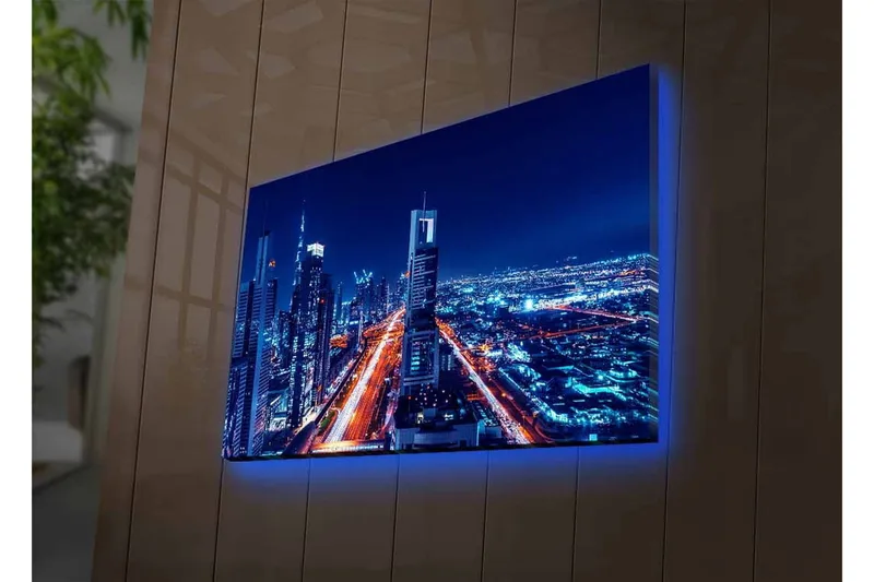 Canvastavla med LED-belysning - Nattlig stadssilhuett med upplysta skyskrapor - Mörkblå / Ljusorange / Vit - Inredning & dekor - Tavlor & konst - Canvastavla