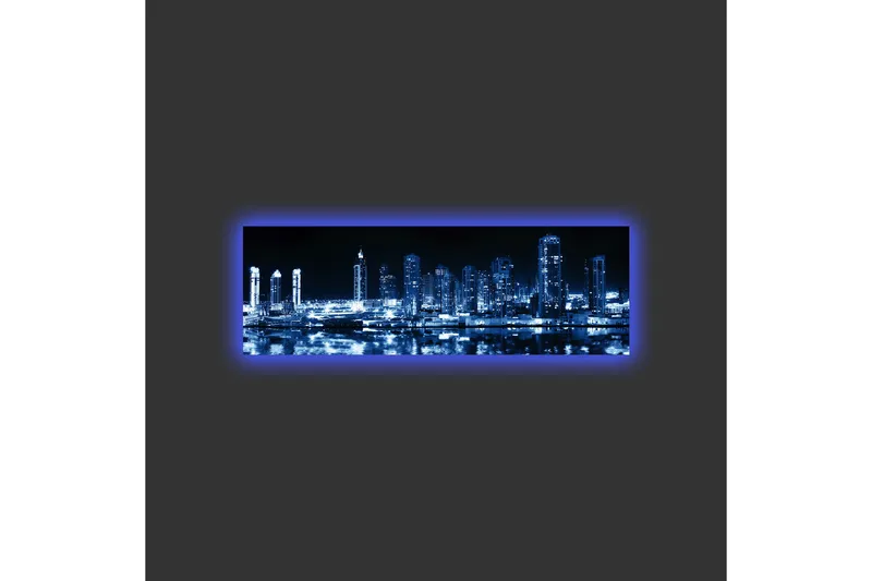 Canvastavla med LED-belysning - Nattlig stadssilhuett med upplysta skyskrapor - Mörkblå / Svart / Vit - Inredning & dekor - Tavlor & konst - Canvastavla
