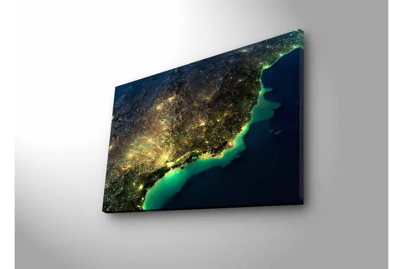 Canvastavla med LED-belysning - Nattlig vy av en stad med ljus och hav - Mörkblå / Grön / Gul - Inredning & dekor - Tavlor & konst - Canvastavla