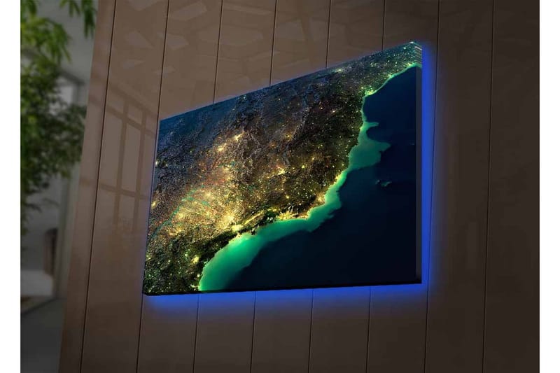 Canvastavla med LED-belysning - Nattlig vy av en stad med ljus och hav - Mörkblå / Grön / Gul - Inredning & dekor - Tavlor & konst - Canvastavla