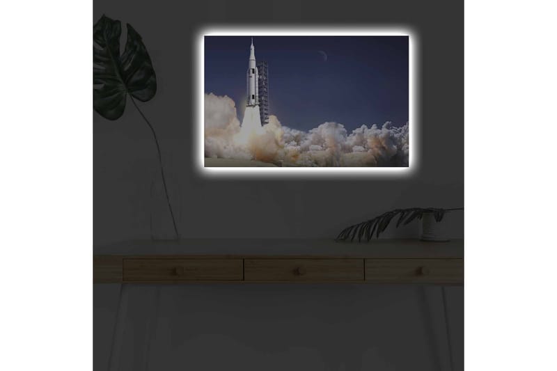 Canvastavla med LED-belysning - Raket som lyfter mot rymden omgiven av moln av rök - Mörkblå / Vit / Grå - Inredning & dekor - Tavlor & konst - Canvastavla