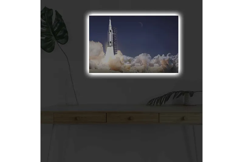 Canvastavla med LED-belysning - Raket som lyfter mot rymden omgiven av moln av rök - Mörkblå / Vit / Grå - Inredning & dekor - Tavlor & konst - Canvastavla
