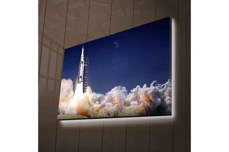 Canvastavla med LED-belysning - Raket som lyfter mot rymden omgiven av moln av rök - Mörkblå / Vit / Grå - Inredning & dekor - Tavlor & konst - Canvastavla