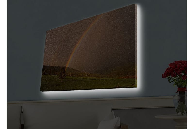 Canvastavla med LED-belysning - Regnbåge som sträcker sig över en grön dalgång - Grön / Brun / Gul - Inredning & dekor - Tavlor & konst - Canvastavla