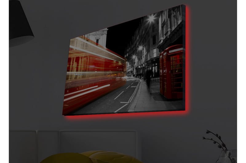 Canvastavla med LED-belysning - Röd buss i rörelse på en svartvit stadsgata - Röd / Svart / Grå - Inredning & dekor - Tavlor & konst - Canvastavla