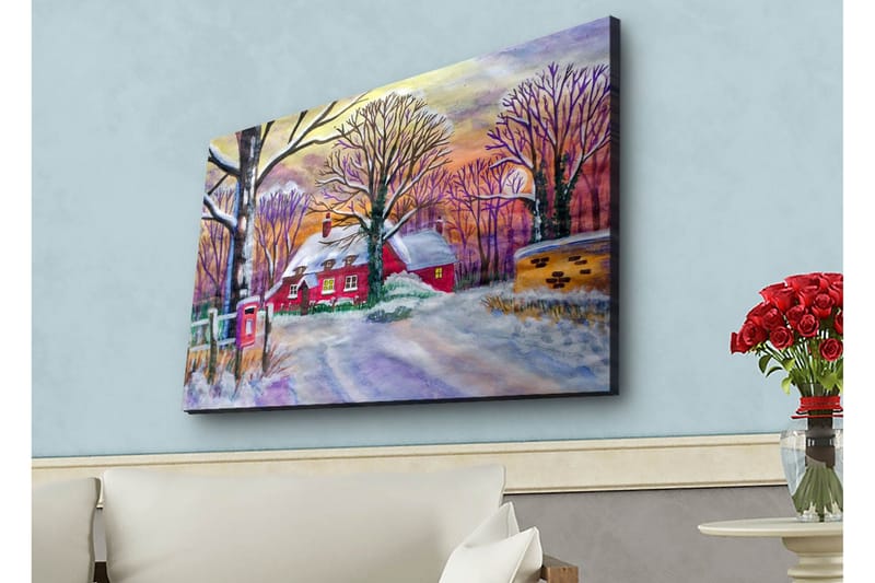 Canvastavla med LED-belysning - Röd stuga omgiven av snöklädda träd och en vinterlandskap, Röd / Vit / Lila