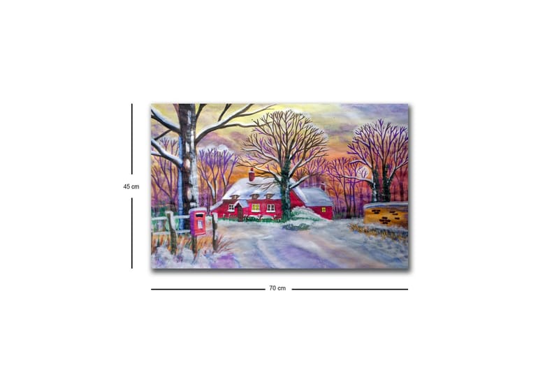 Canvastavla med LED-belysning - Röd stuga omgiven av snöklädda träd och en vinterlandskap - Röd / Vit / Lila - Inredning & dekor - Tavlor & konst - Canvastavla