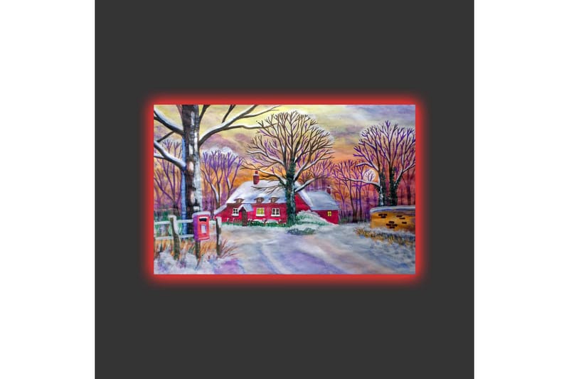 Canvastavla med LED-belysning - Röd stuga omgiven av snöklädda träd och en vinterlandskap - Röd / Vit / Lila - Inredning & dekor - Tavlor & konst - Canvastavla