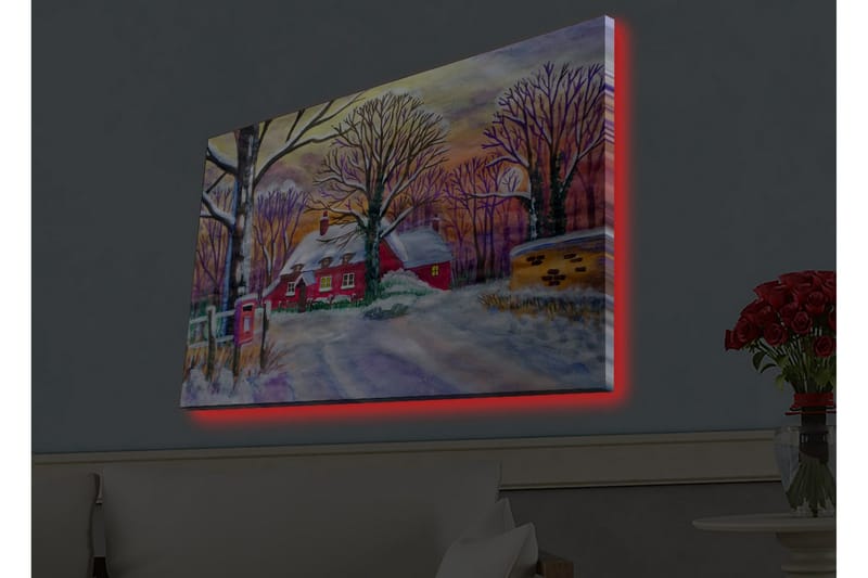 Canvastavla med LED-belysning - Röd stuga omgiven av snöklädda träd och en vinterlandskap - Röd / Vit / Lila - Inredning & dekor - Tavlor & konst - Canvastavla
