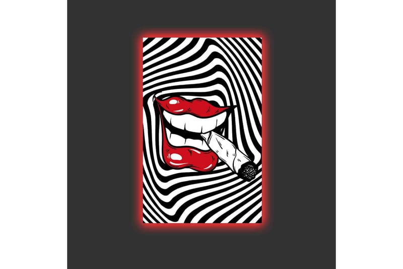 Canvastavla med LED-belysning - Röda läppar med en cigarett i munnen mot en svartvit spiralbakgrund - Röd / Svart / Vit - Inredning & dekor - Tavlor & konst - Canvastavla