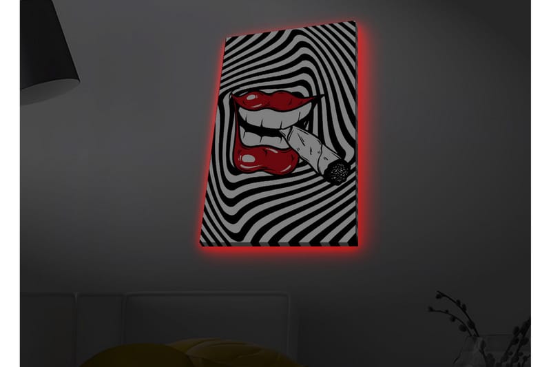 Canvastavla med LED-belysning - Röda läppar med en cigarett i munnen mot en svartvit spiralbakgrund - Röd / Svart / Vit - Inredning & dekor - Tavlor & konst - Canvastavla