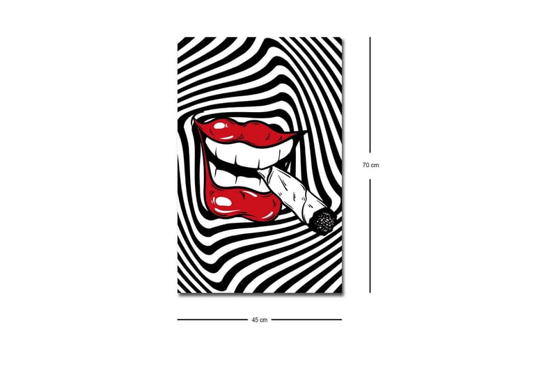Canvastavla med LED-belysning - Röda läppar med en cigarett i munnen mot en svartvit spiralbakgrund - Röd / Svart / Vit - Inredning & dekor - Tavlor & konst - Canvastavla