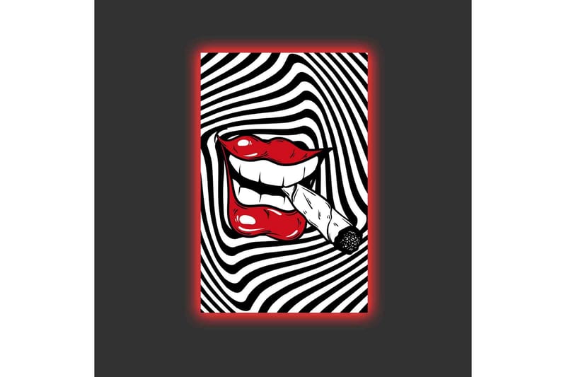 Canvastavla med LED-belysning - Röda läppar med en cigarett i munnen mot en svartvit spiralbakgrund - Röd / Svart / Vit - Inredning & dekor - Tavlor & konst - Canvastavla
