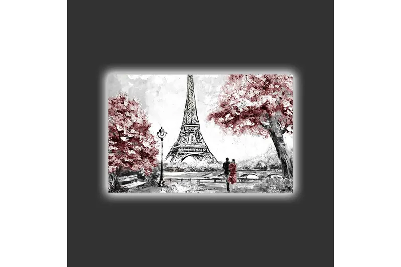 Canvastavla med LED-belysning - Romantisk scen med Eiffeltornet och blommiga träd - Röd / Svart / Grå - Inredning & dekor - Tavlor & konst - Canvastavla
