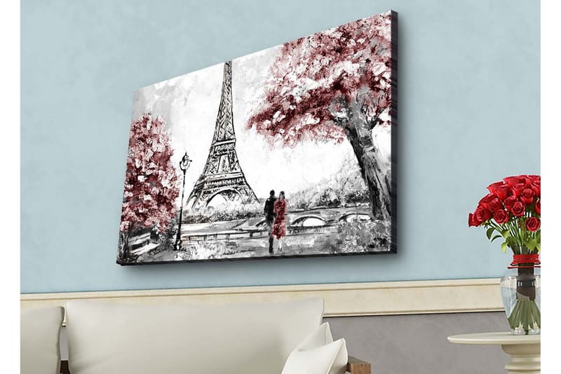 Canvastavla med LED-belysning - Romantisk scen med Eiffeltornet och blommiga träd - Röd / Svart / Grå - Inredning & dekor - Tavlor & konst - Canvastavla