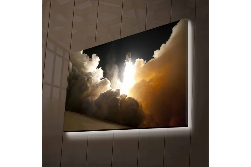 Canvastavla med LED-belysning - Rymdfärja som lyfter genom moln av rök och ånga - Mörkgrå / Orange / Vit - Inredning & dekor - Tavlor & konst - Canvastavla