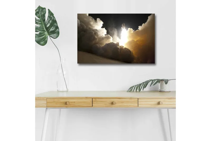 Canvastavla med LED-belysning - Rymdfärja som lyfter genom moln av rök och ånga - Mörkgrå / Orange / Vit - Inredning & dekor - Tavlor & konst - Canvastavla