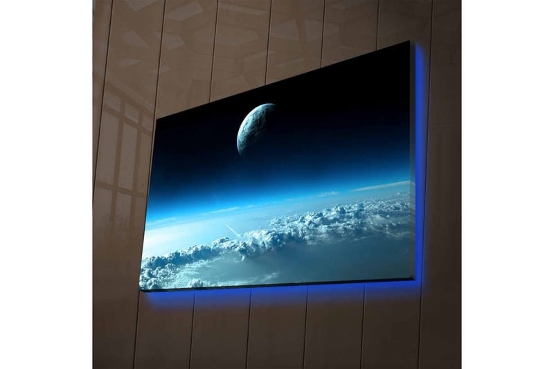 Canvastavla med LED-belysning - Rymdlandskap med en planet som svävar över moln - Mörkblå / Ljusblå / Vit - Inredning & dekor - Tavlor & konst - Canvastavla