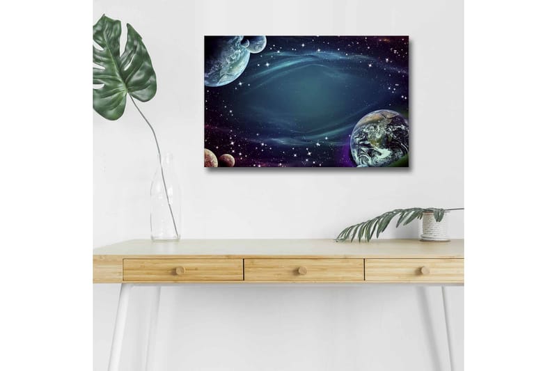 Canvastavla med LED-belysning - Rymdlandskap med planeter och stjärnor - Mörkblå / Grön / Lila - Inredning & dekor - Tavlor & konst - Canvastavla