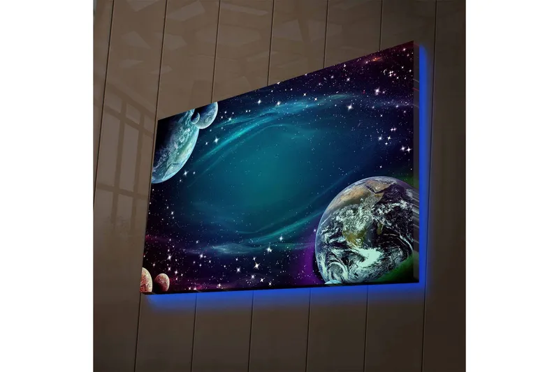 Canvastavla med LED-belysning - Rymdlandskap med planeter och stjärnor, Mörkblå / Grön / Lila