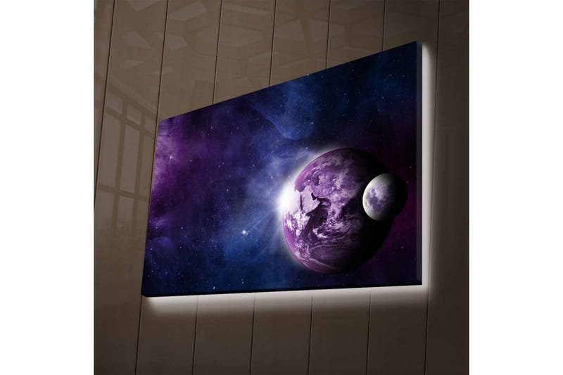 Canvastavla med LED-belysning - Rymdlandskap med planeter och stjärnor, Lila / Blå / Vit