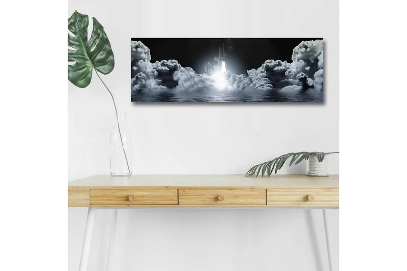 Canvastavla med LED-belysning - Rymdraket som lyfter genom molnig himmel - Mörkgrå / Vit / Ljusblå - Inredning & dekor - Tavlor & konst - Canvastavla