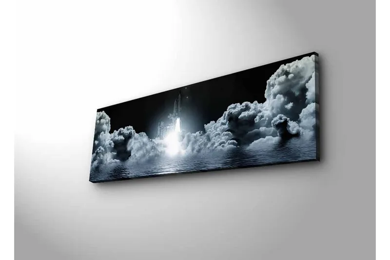 Canvastavla med LED-belysning - Rymdraket som lyfter genom molnig himmel - Mörkgrå / Vit / Ljusblå - Inredning & dekor - Tavlor & konst - Canvastavla