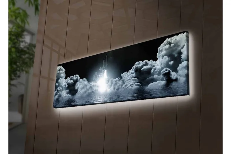 Canvastavla med LED-belysning - Rymdraket som lyfter genom molnig himmel - Mörkgrå / Vit / Ljusblå - Inredning & dekor - Tavlor & konst - Canvastavla