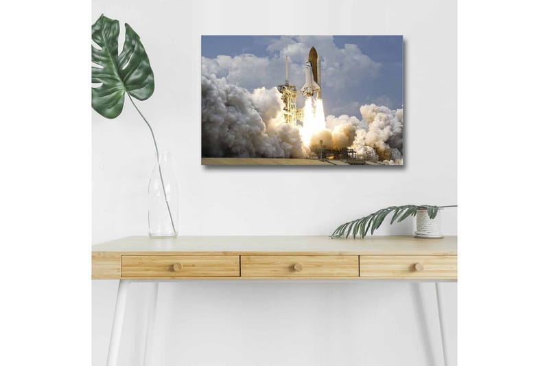 Canvastavla med LED-belysning - Rymdraket som lyfter mot himlen med kraftfulla eldsflammor - Grå / Vit / Orange - Inredning & dekor - Tavlor & konst - Canvastavla