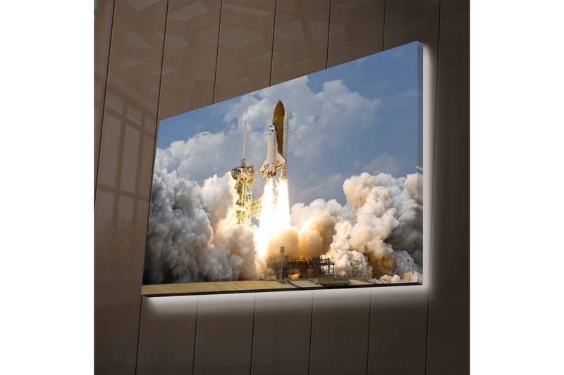 Canvastavla med LED-belysning - Rymdraket som lyfter mot himlen med kraftfulla eldsflammor - Grå / Vit / Orange - Inredning & dekor - Tavlor & konst - Canvastavla