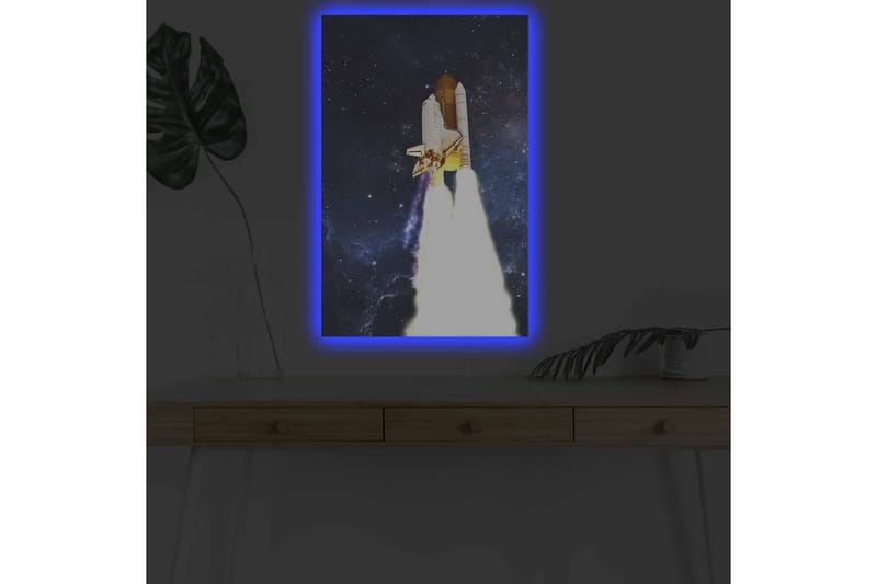 Canvastavla med LED-belysning - Rymdraket som lyfter mot stjärnorna - Mörkblå / Vit / Orange - Inredning & dekor - Tavlor & konst - Canvastavla
