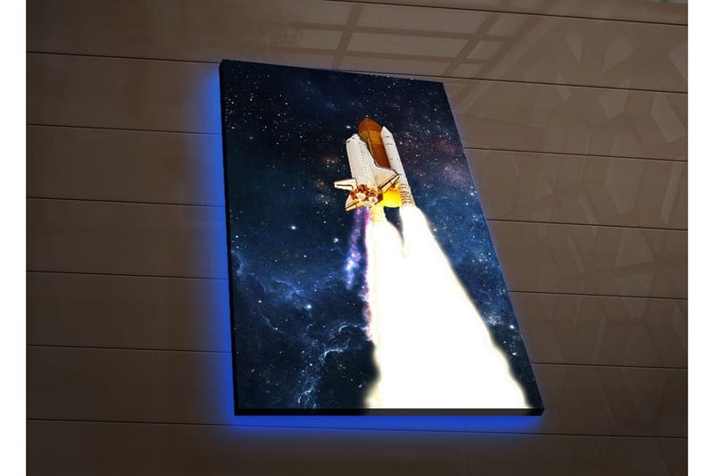 Canvastavla med LED-belysning - Rymdraket som lyfter mot stjärnorna - Mörkblå / Vit / Orange - Inredning & dekor - Tavlor & konst - Canvastavla